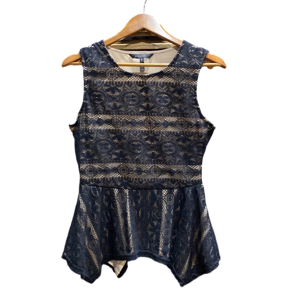 BCBG MaxAzria Black & Cream Lace Peplum Tank Top - Size M